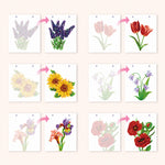 Before and after examples of six floral paint by numbers designs, including lavender, tulips and sunflowers