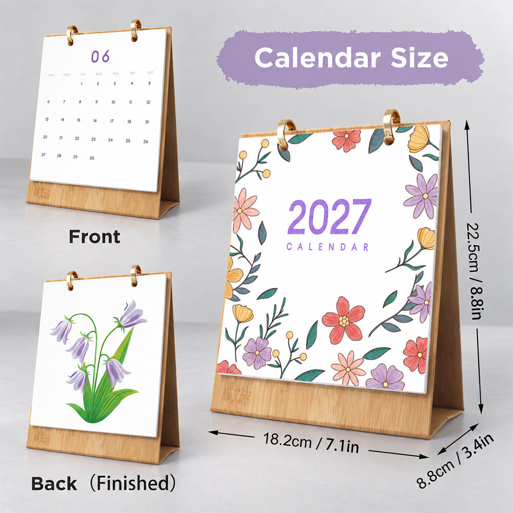 Floral Blooms Paint by Numbers Desk Calendar showing its dimensions and front and back display