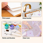 Close-up details of thick paper, metal binder rings, numbered paints, brushes and printed painting outlines
