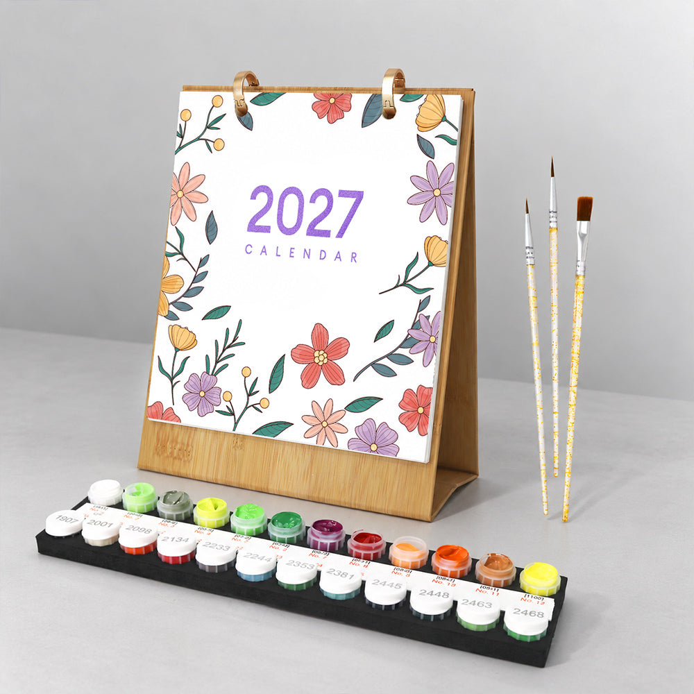 Floral Blooms Paint by Numbers Desk Calendar with wooden stand, numbered paints and brushes