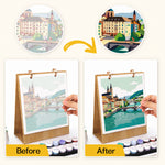 Before and after comparison showing a numbered European riverside town illustration transformed into a finished painting