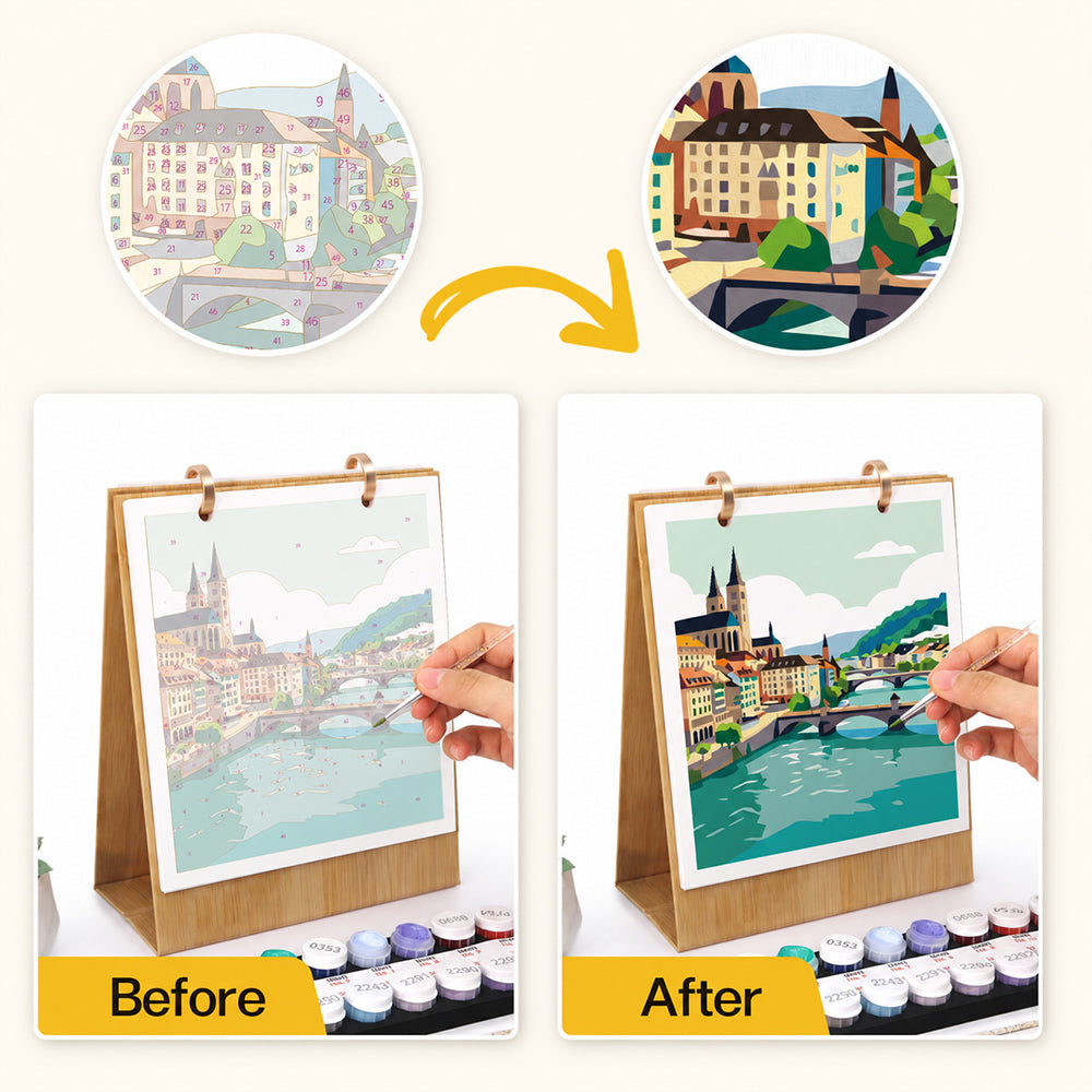 Before and after comparison showing a numbered European riverside town illustration transformed into a finished painting