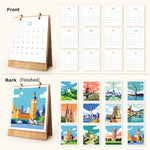 Complete front and back layout of the Iconic Landmarks desk calendar featuring 12 monthly date pages and 12 famous landmark paintings