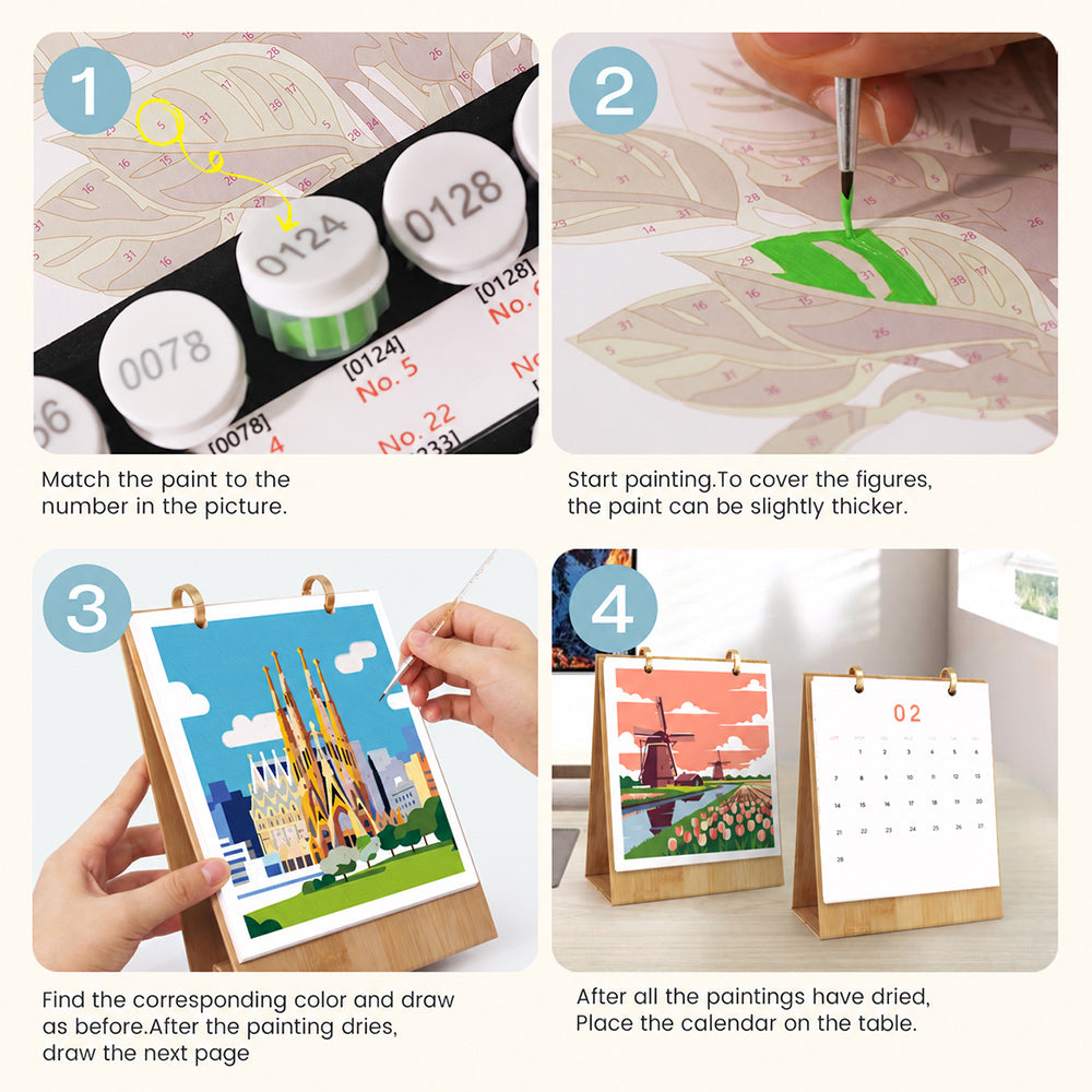 Step-by-step instructions for painting landmark illustrations and displaying the finished desk calendar