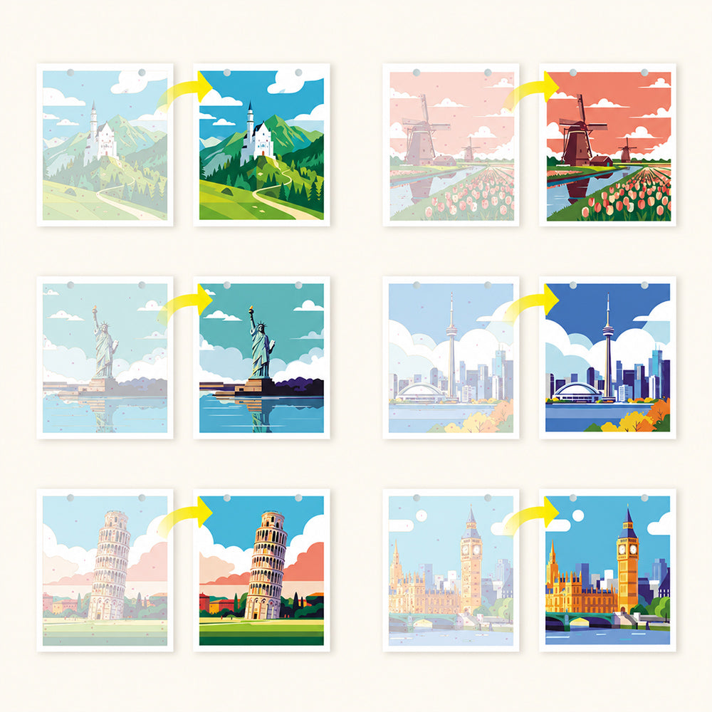 Before and after examples of six famous landmark paintings featuring Neuschwanstein Castle, Dutch windmills, Statue of Liberty, Toronto skyline, Leaning Tower of Pisa and Big Ben
