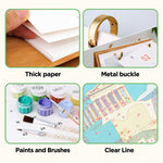 Close-up details of thick paper, gold metal binder rings, numbered paints, brushes and printed painting outlines