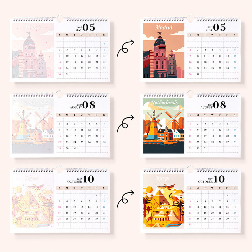 Before and after examples of Madrid, Netherlands and Egypt paintings in the Around the World Calendar