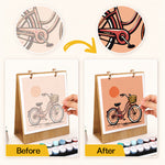 Before and after comparison showing a numbered vintage bicycle illustration transformed into a finished painting