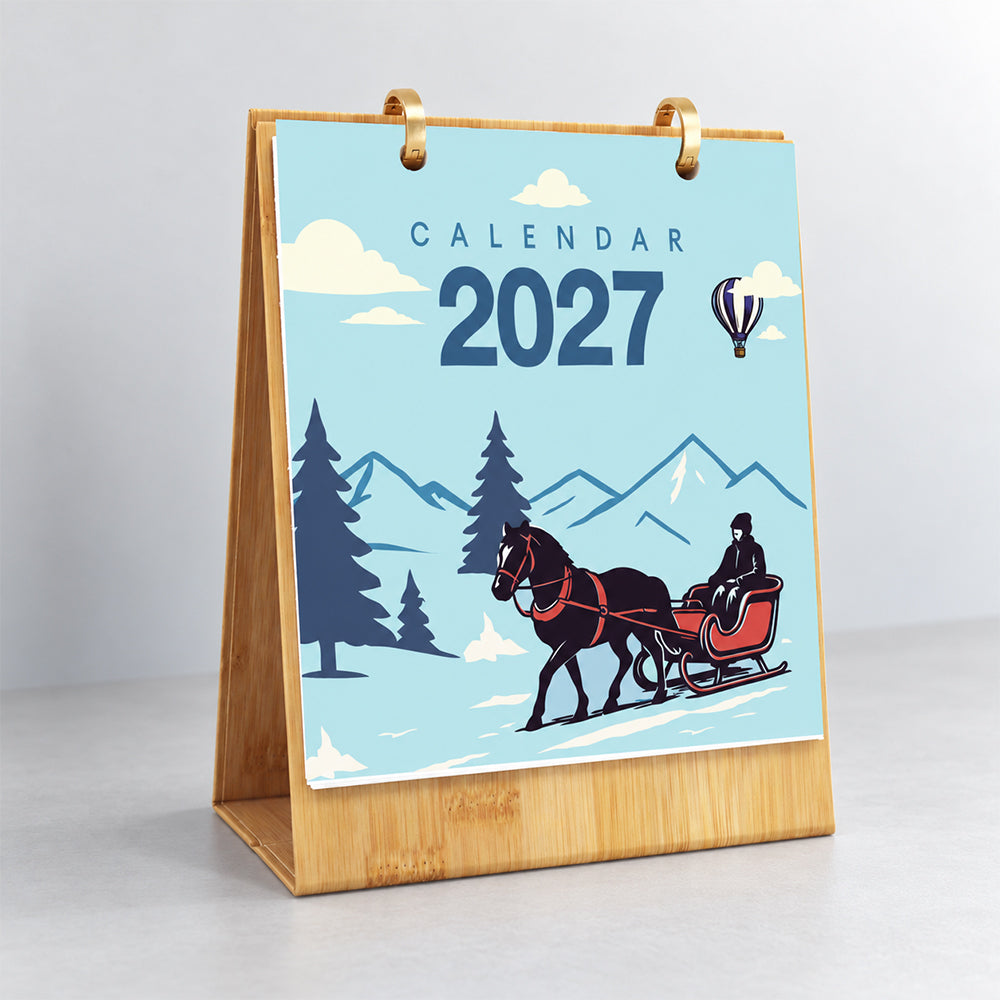 On the Move Paint by Numbers Calendar displayed upright on a wooden stand with a winter horse-drawn sleigh illustration