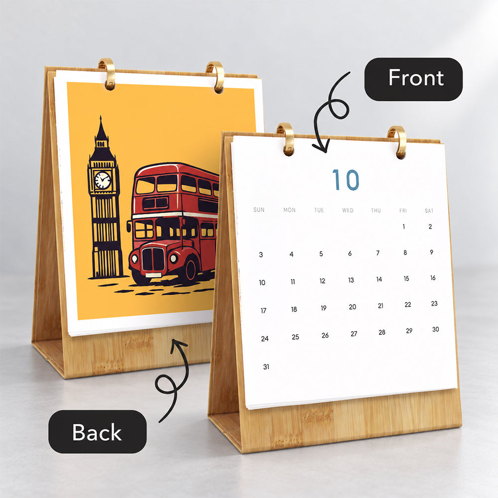 Front and back view of the On the Move desk calendar showing monthly dates and a finished London double-decker bus painting