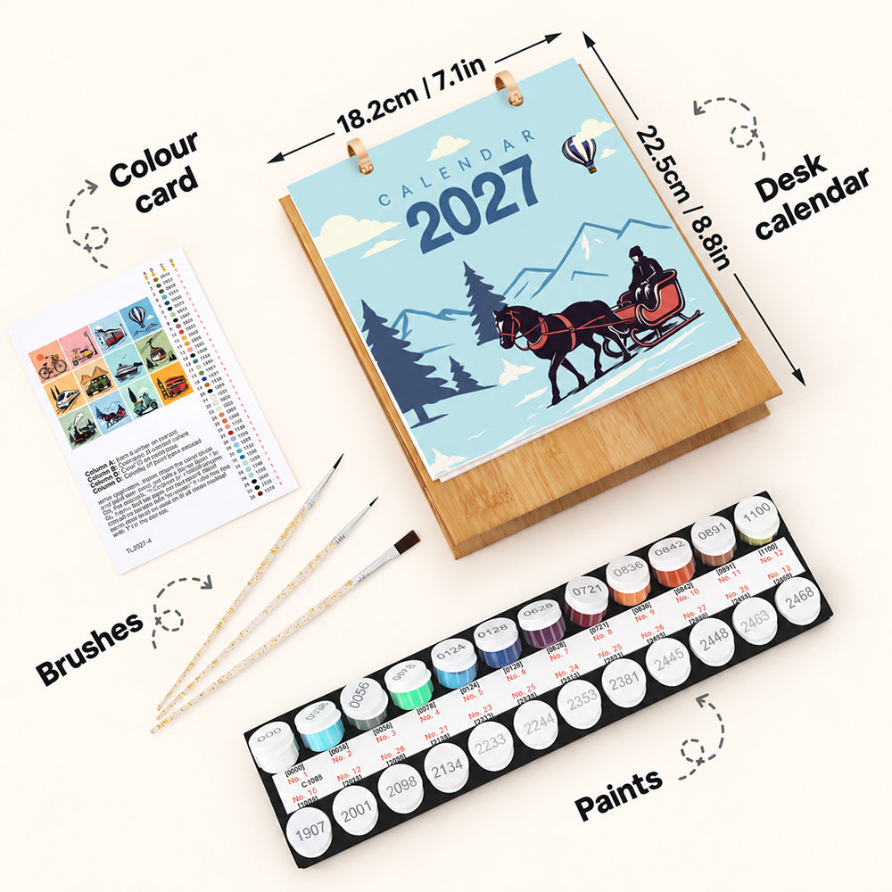 On the Move Paint by Numbers Calendar kit with wooden desk stand, numbered paints, brushes and reference guide
