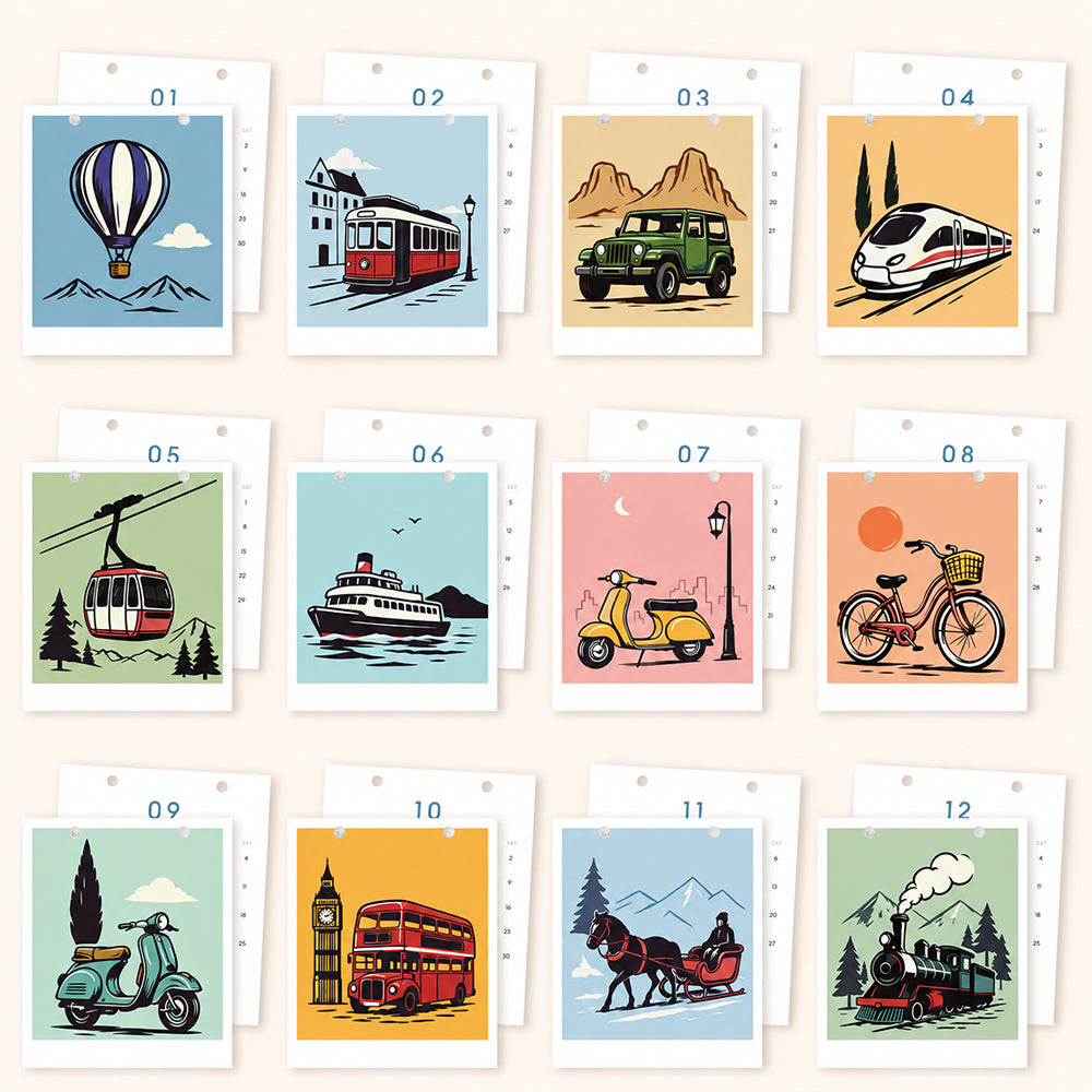 All 12 transportation-themed painting designs featuring hot air balloons, trains, bicycles, scooters, boats and other vehicles