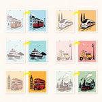Before and after examples of six transportation paintings featuring a tram, high-speed train, passenger boat, scooter, London bus and steam locomotive