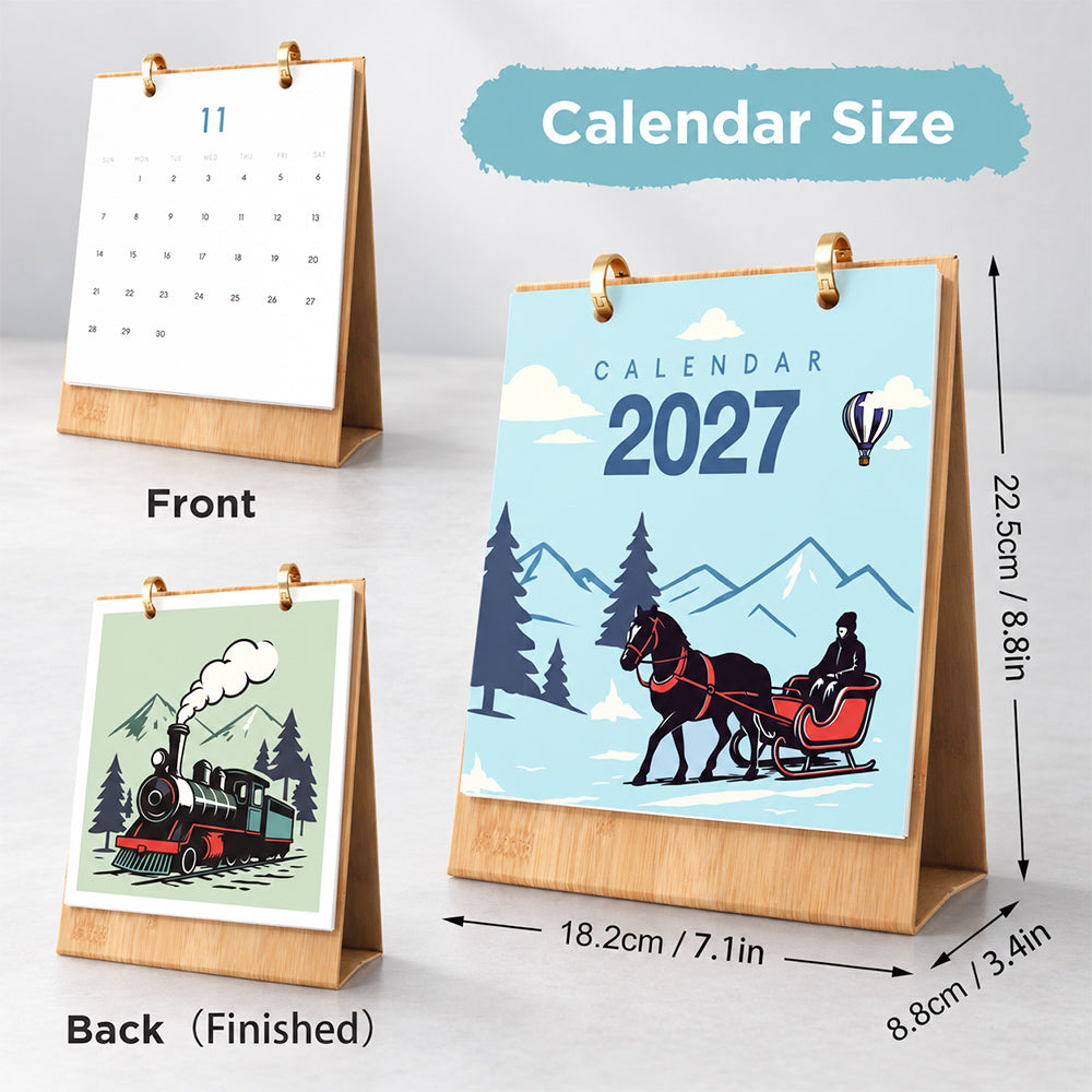 On the Move Paint by Numbers Desk Calendar showing its dimensions, wooden stand and front and back display