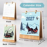 On the Move Paint by Numbers Desk Calendar showing its dimensions, wooden stand and front and back display
