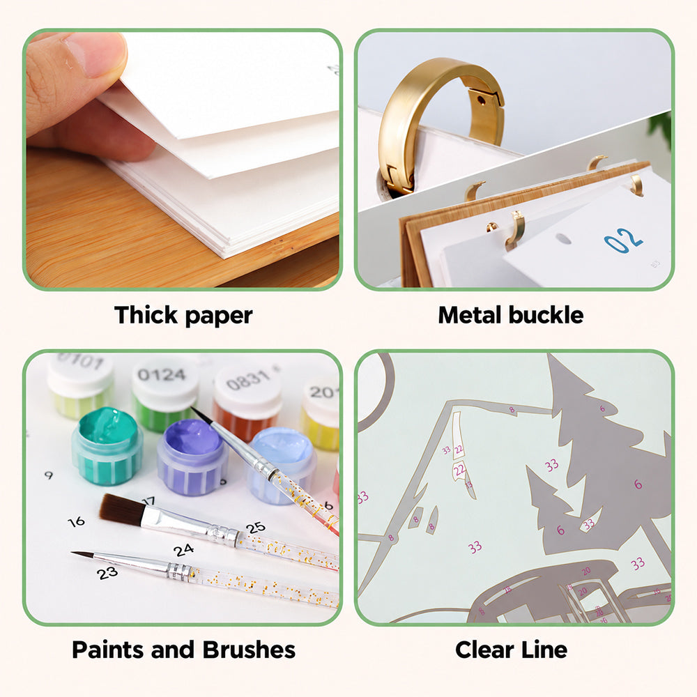 Close-up details of thick paper, gold metal binder rings, numbered paints, brushes and printed painting outlines