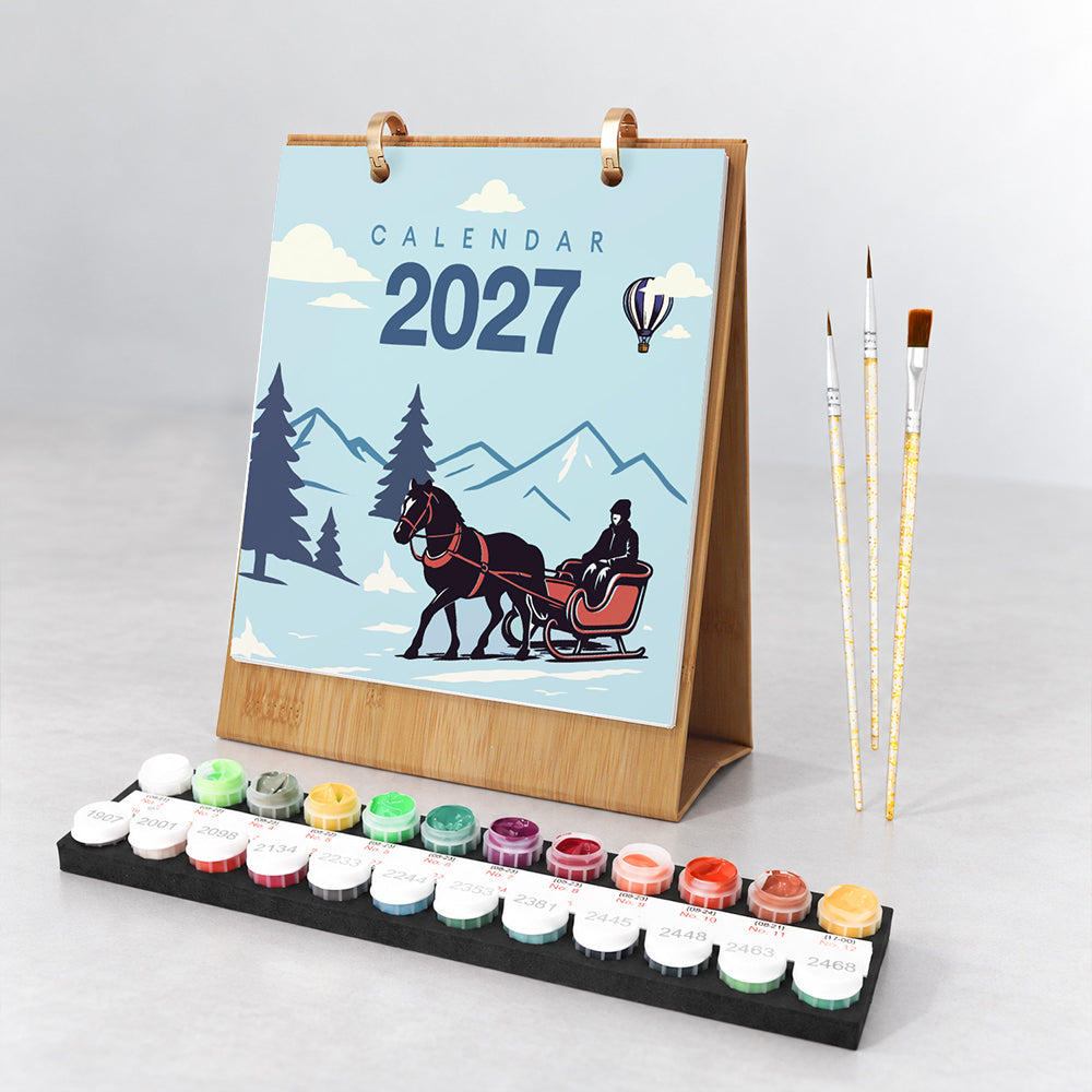 On the Move Paint by Numbers Desk Calendar with wooden stand, horse-drawn sleigh cover, numbered paints and brushes