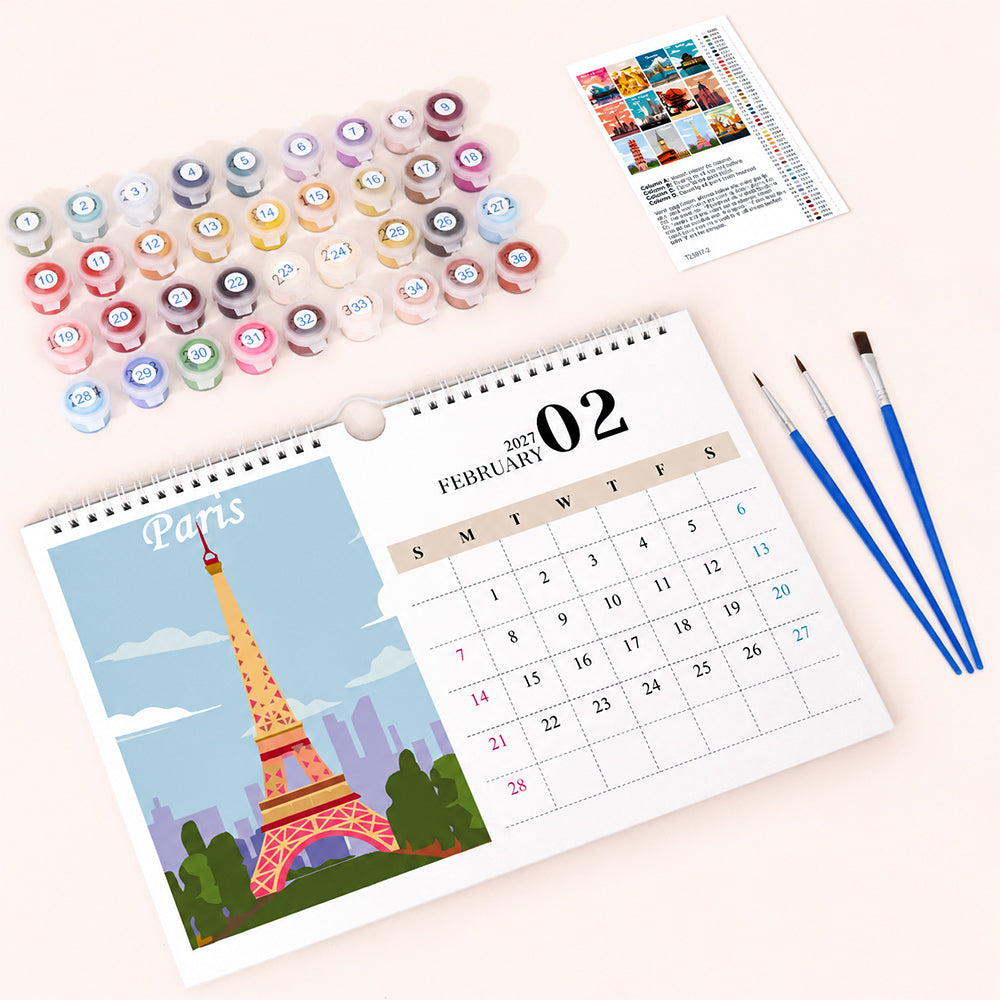 February Paris Eiffel Tower calendar illustration displayed with numbered paints, brushes and reference card