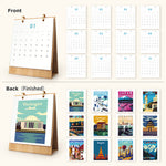 Complete front and back layout of the Scenic Getaways desk calendar featuring 12 monthly date pages and 12 travel paintings