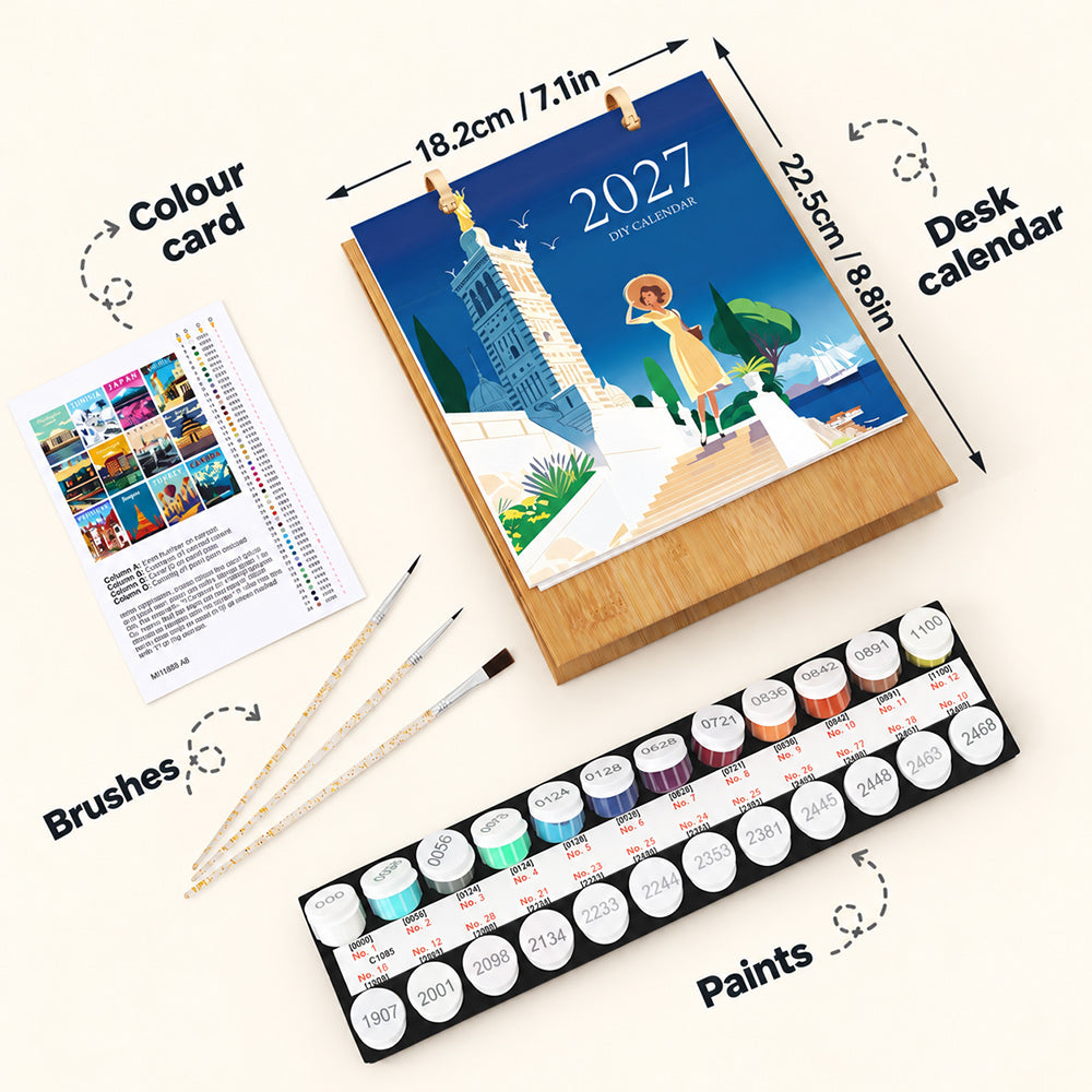 Scenic Getaways Paint by Numbers Calendar kit with wooden desk stand, numbered paints, brushes and reference guide