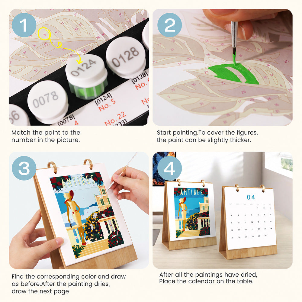 Step-by-step instructions for painting travel-themed illustrations and displaying the finished desk calendar