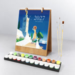 Scenic Getaways Paint by Numbers Desk Calendar with wooden stand, travel-themed cover, numbered paints and brushes