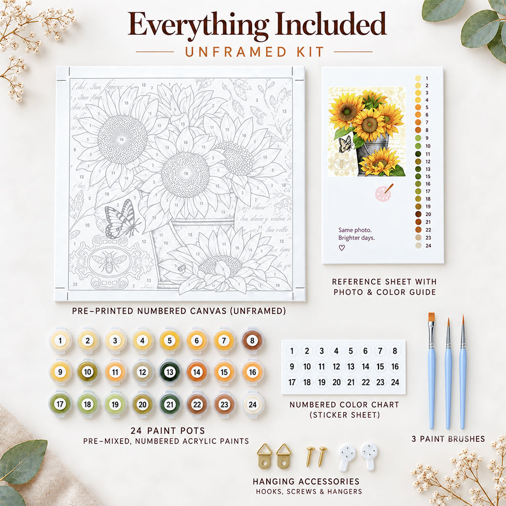 Everything included in an unframed paint by numbers kit