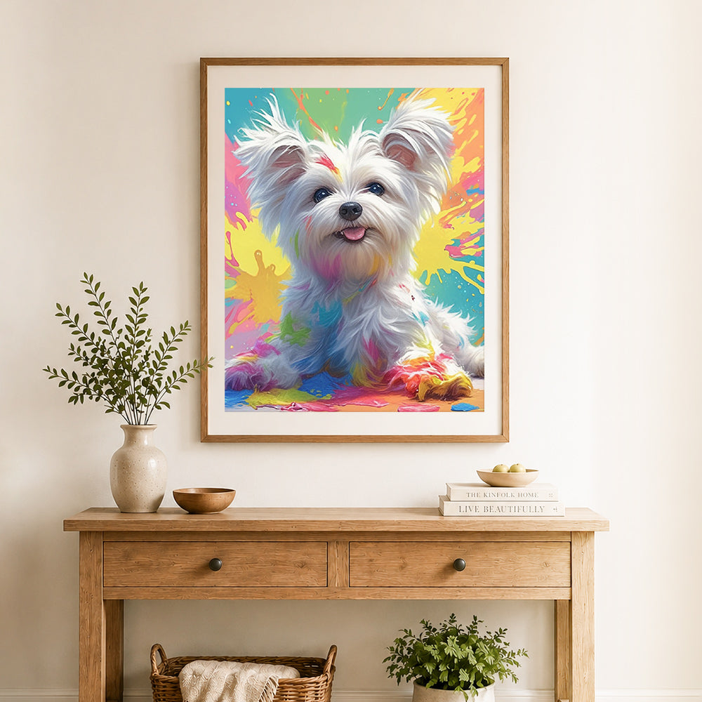 Finished paint splash playful pup cross stitch artwork displayed as home decor