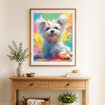 Finished paint splash playful pup cross stitch artwork displayed as home decor