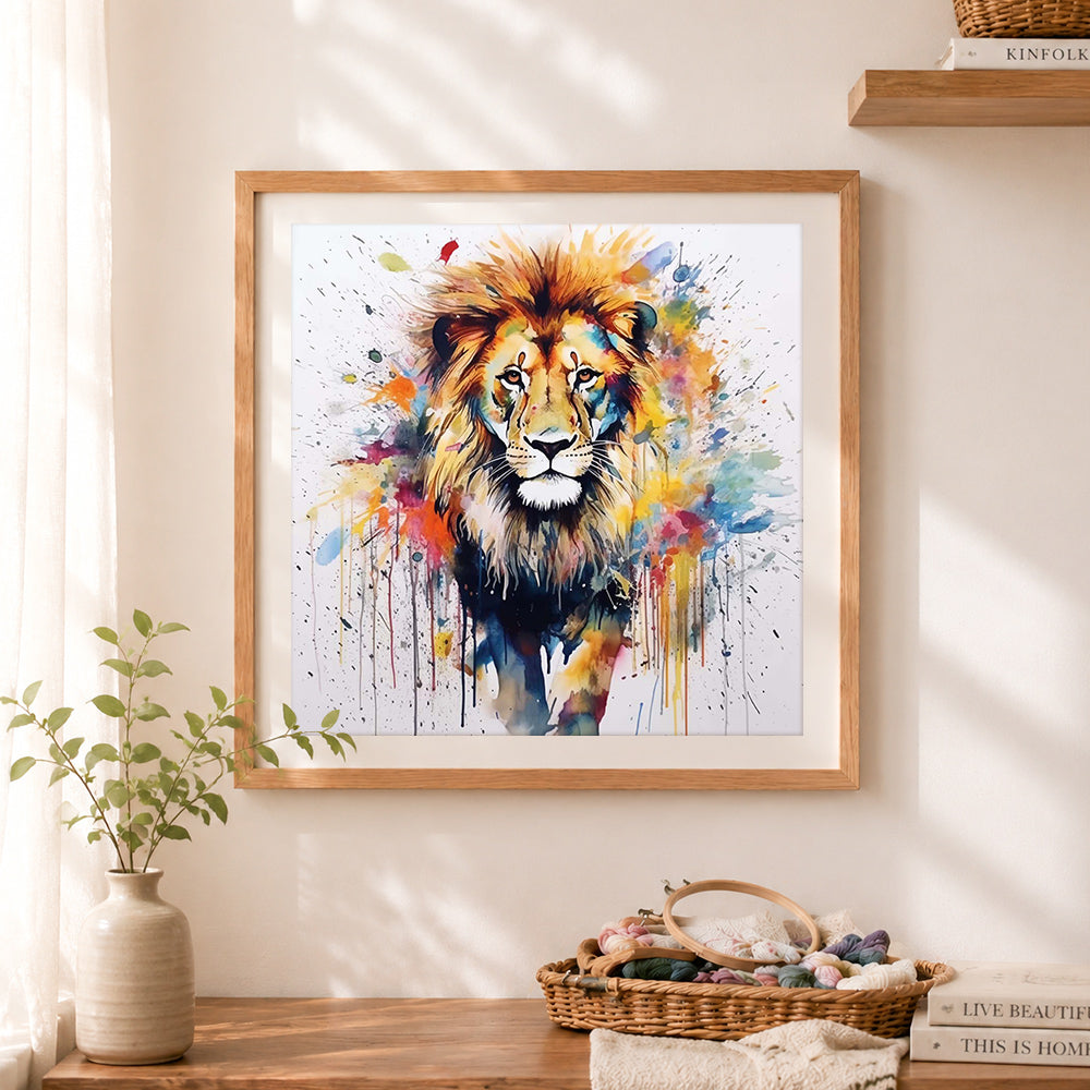 Finished paint‑splash wild lion cross stitch artwork displayed as home decor
