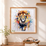 Finished paint‑splash wild lion cross stitch artwork displayed as home decor