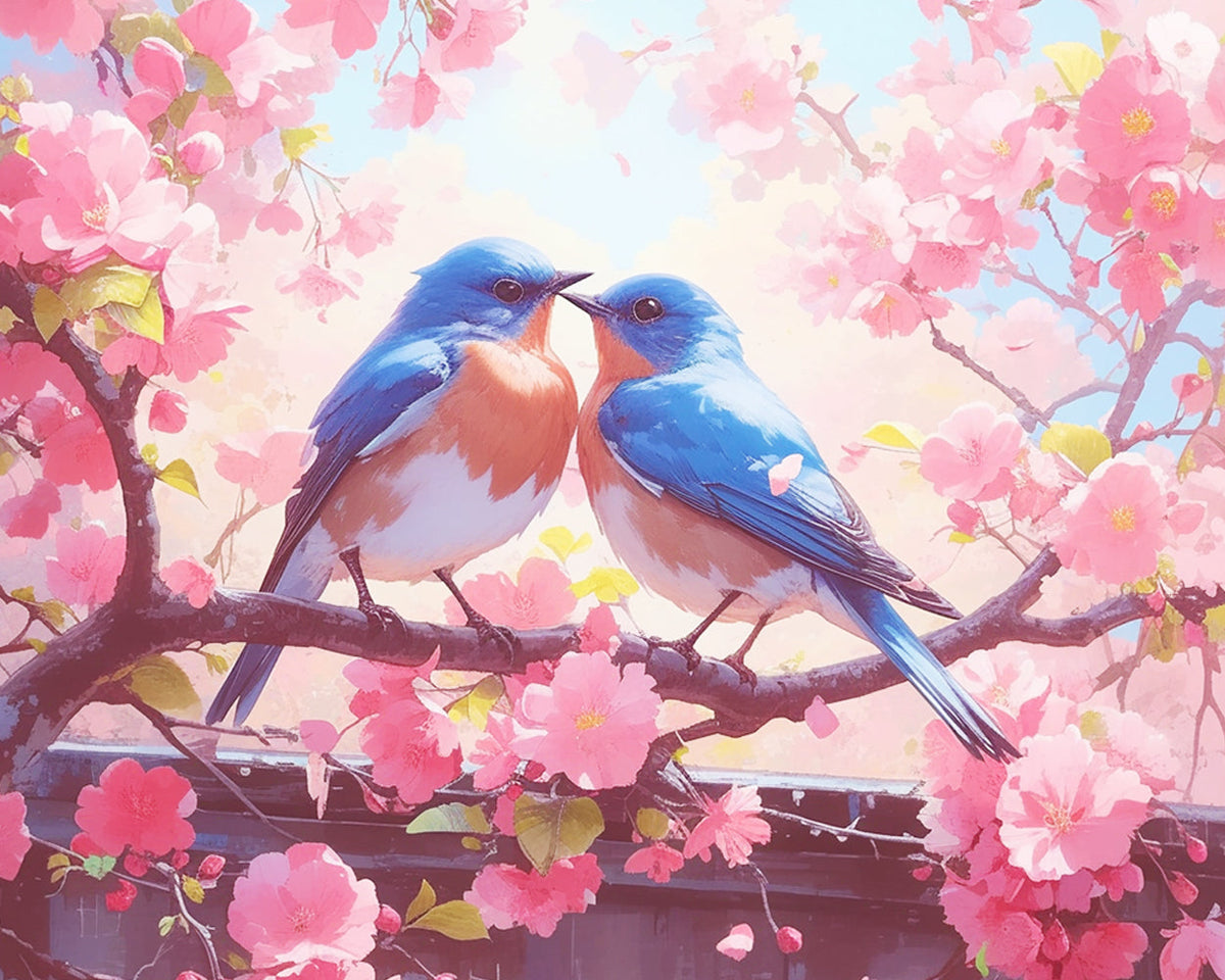 Pair of bluebirds on cherry blooms cross stitch kit for beginners