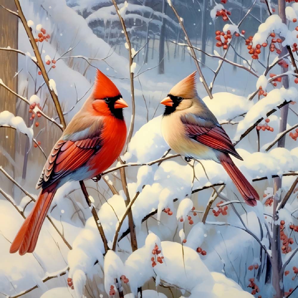 Pair of cardinals in winter scene cross stitch kit for beginners