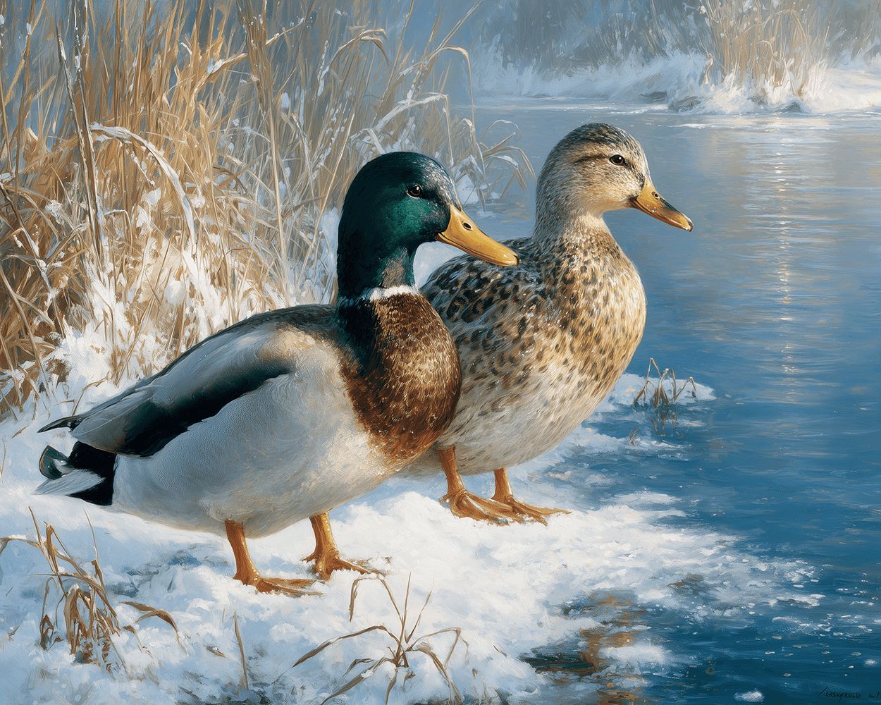 Pair of mallard ducks on snowy riverbank cross stitch kit for beginners