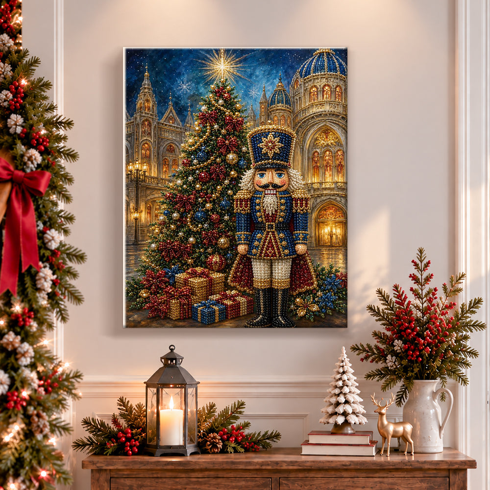 Finished palace nutcracker with christmas tree pearl diamond painting artwork displayed as holiday home decor