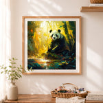 Finished panda in sunlit bamboo forest cross stitch artwork displayed as home decor
