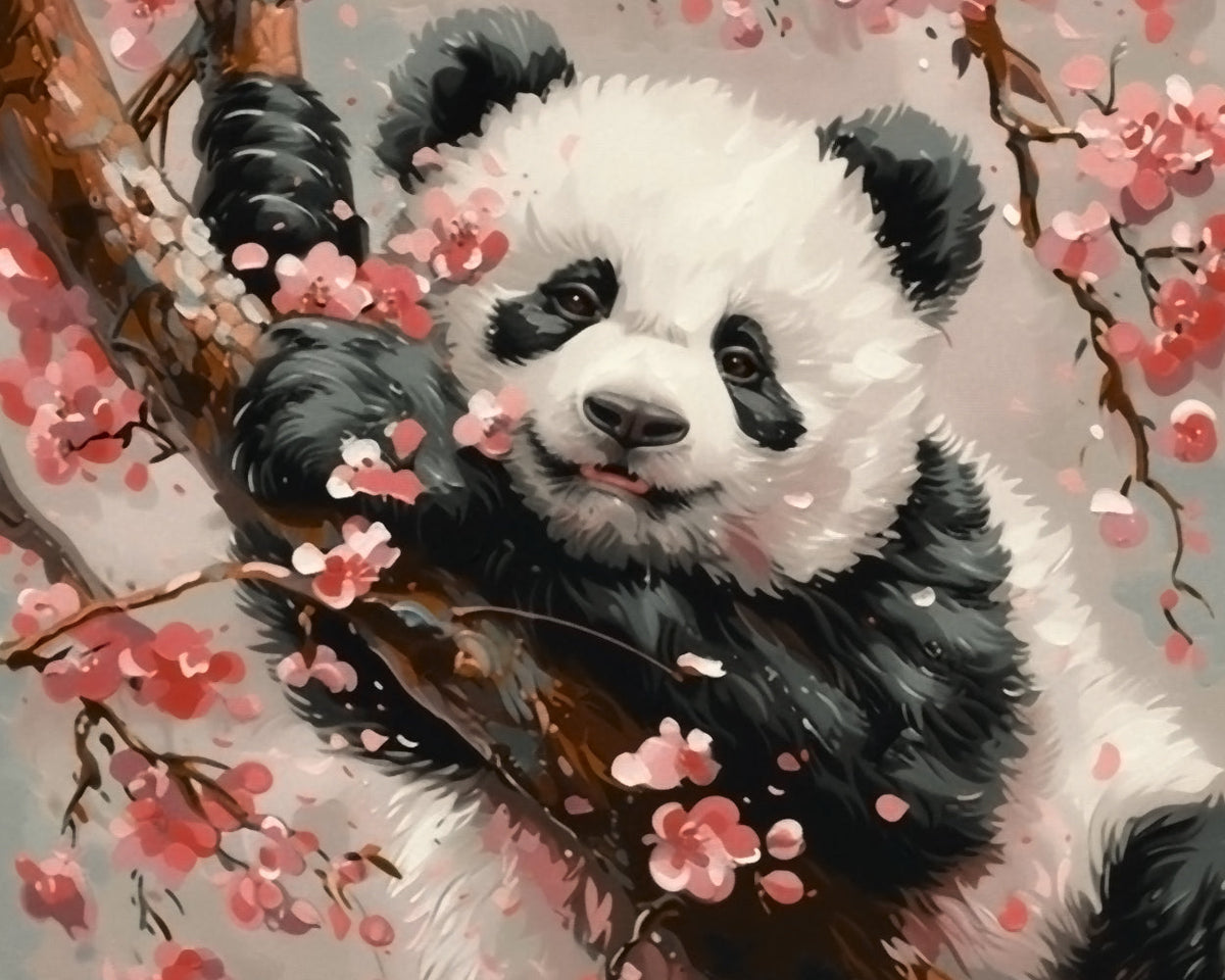 Panda resting on cherry branches cross stitch kit for beginners