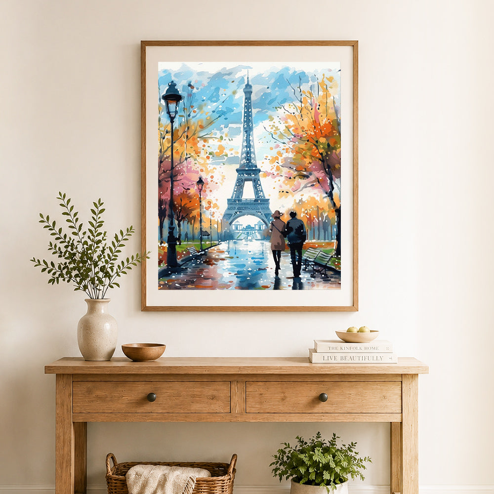 Finished paris autumn stroll cross stitch artwork displayed as home decor