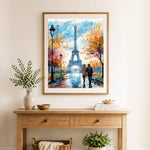 Finished paris autumn stroll cross stitch artwork displayed as home decor