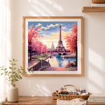 Finished paris eiffel tower view cross stitch artwork displayed as home decor