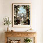 Finished paris rooftop rose view cross stitch artwork displayed as home decor