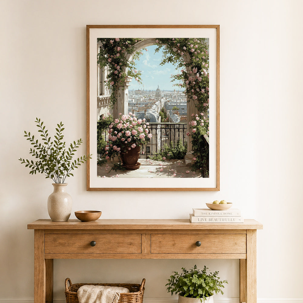 Finished paris rooftop rose view cross stitch artwork displayed as home decor