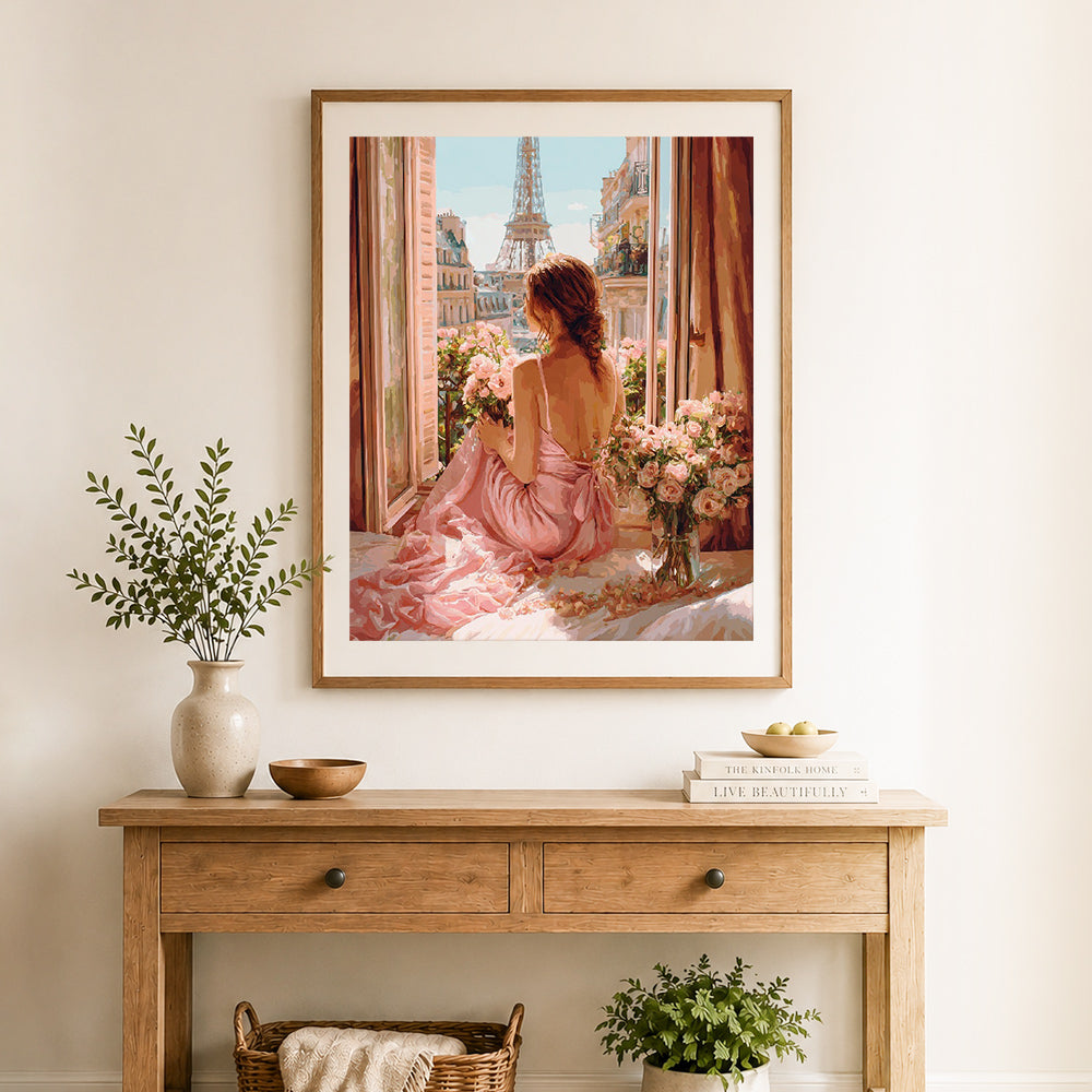 Finished paris window floral moment cross stitch artwork displayed as home decor