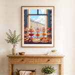 Finished parisian bakery view cross stitch artwork displayed as home decor