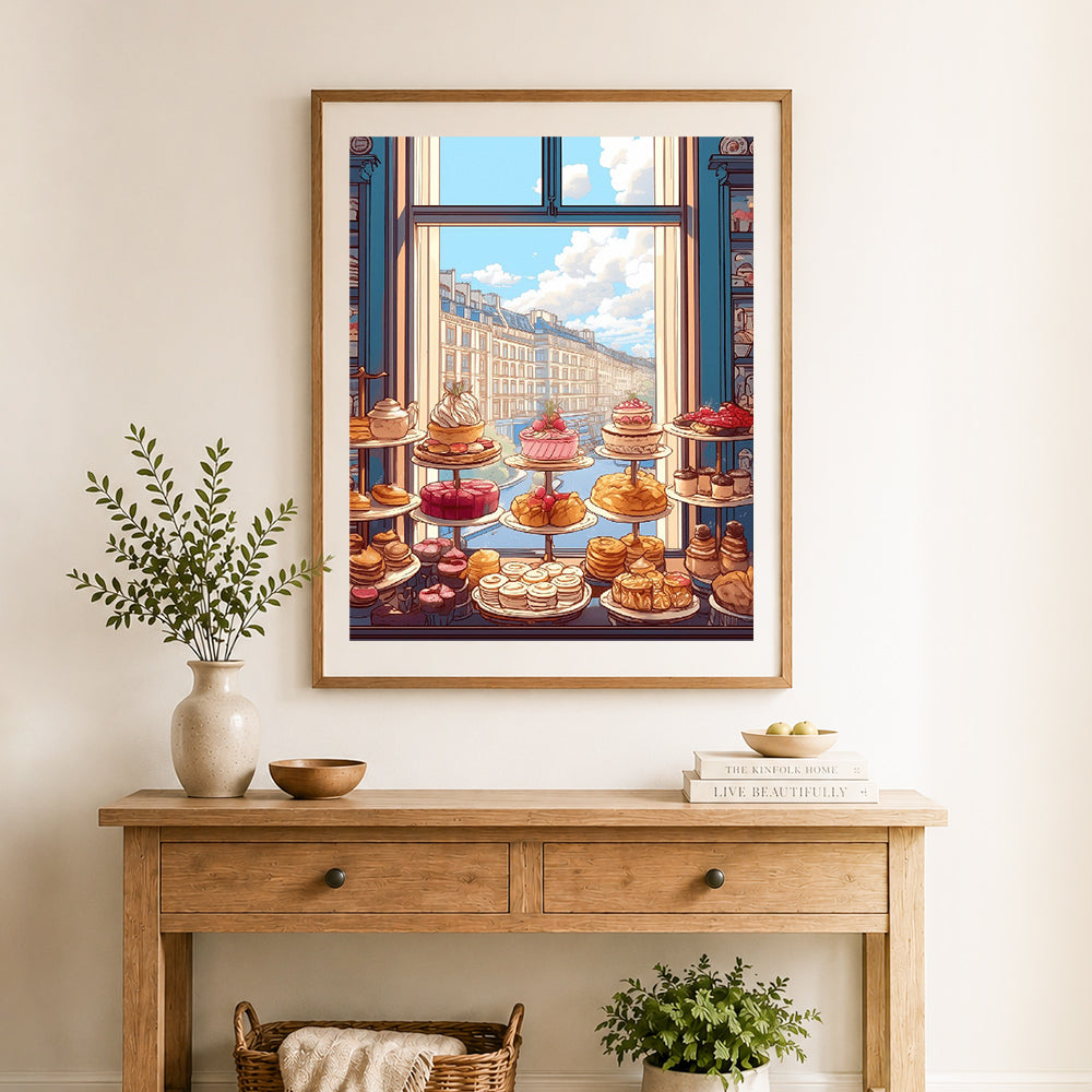 Finished parisian bakery view cross stitch artwork displayed as home decor