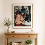 Finished parisian coffee notes cross stitch artwork displayed as home decor