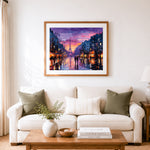Finished parisian dusk street view cross stitch artwork displayed as home decor