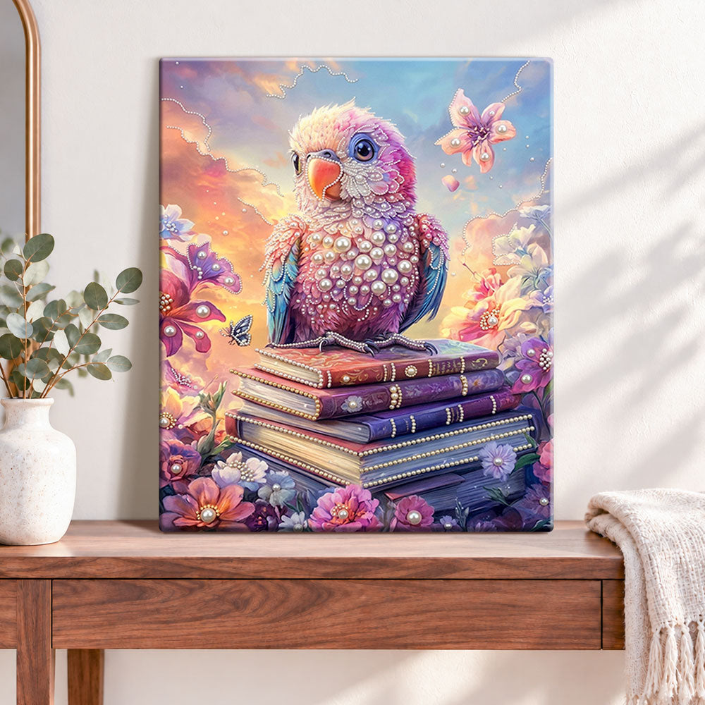 Finished parrot on vintage books pearl diamond painting artwork displayed as home decor