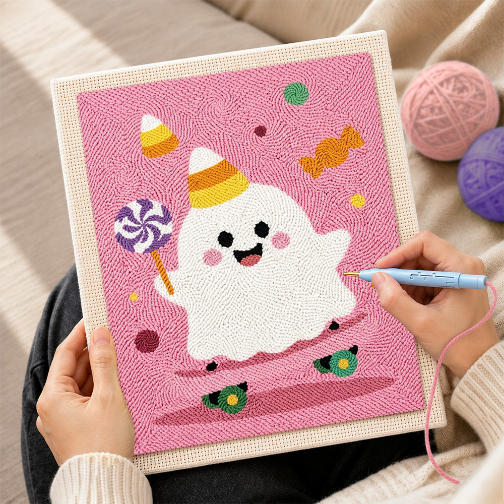 Creating handmade party ghost with lollipop punch needle artwork