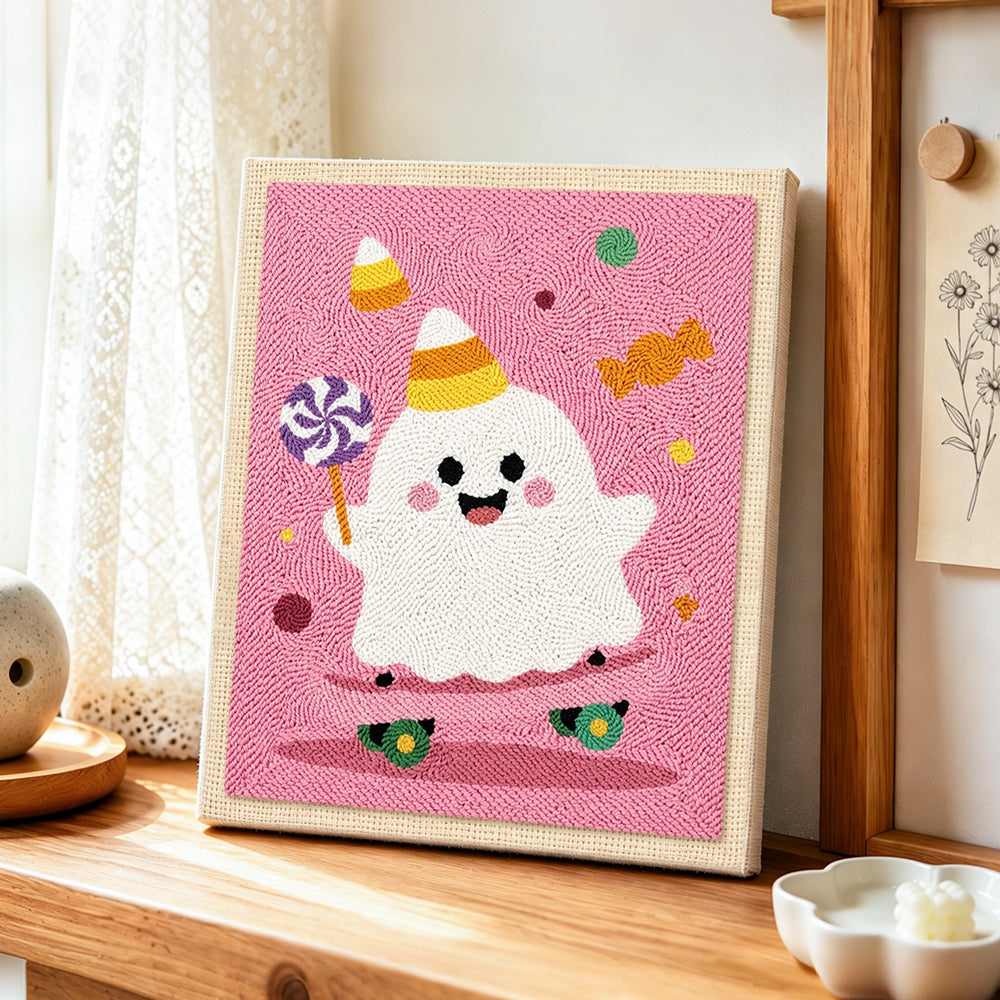 Party ghost with lollipop punch needle artwork displayed on a table